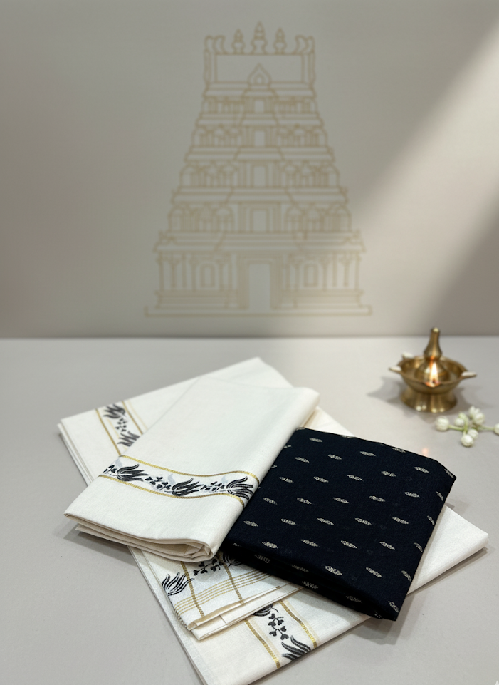 Set Mundu - Ivory Kasavu with Black Floral Motif + Black Buti Blouse