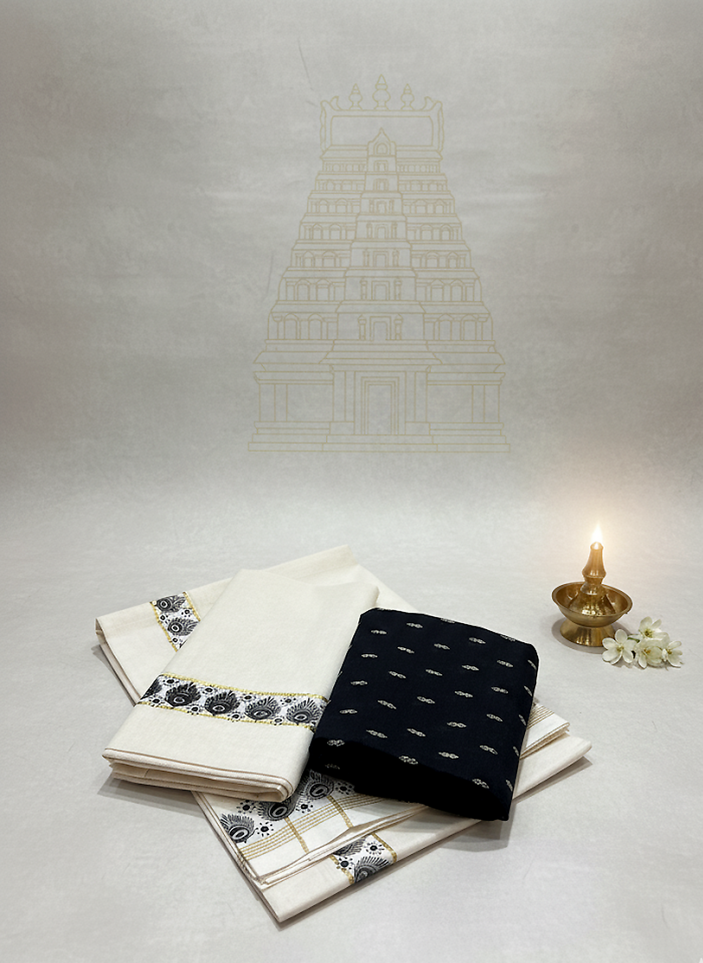 Set Mundu - Ivory Kasavu with Black Peacock Feather Motif + Black Buti Blouse
