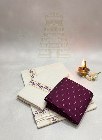 Set Mundu - Ivory Kasavu with Plum Botanical Vine Motif + Plum Buti Blouse