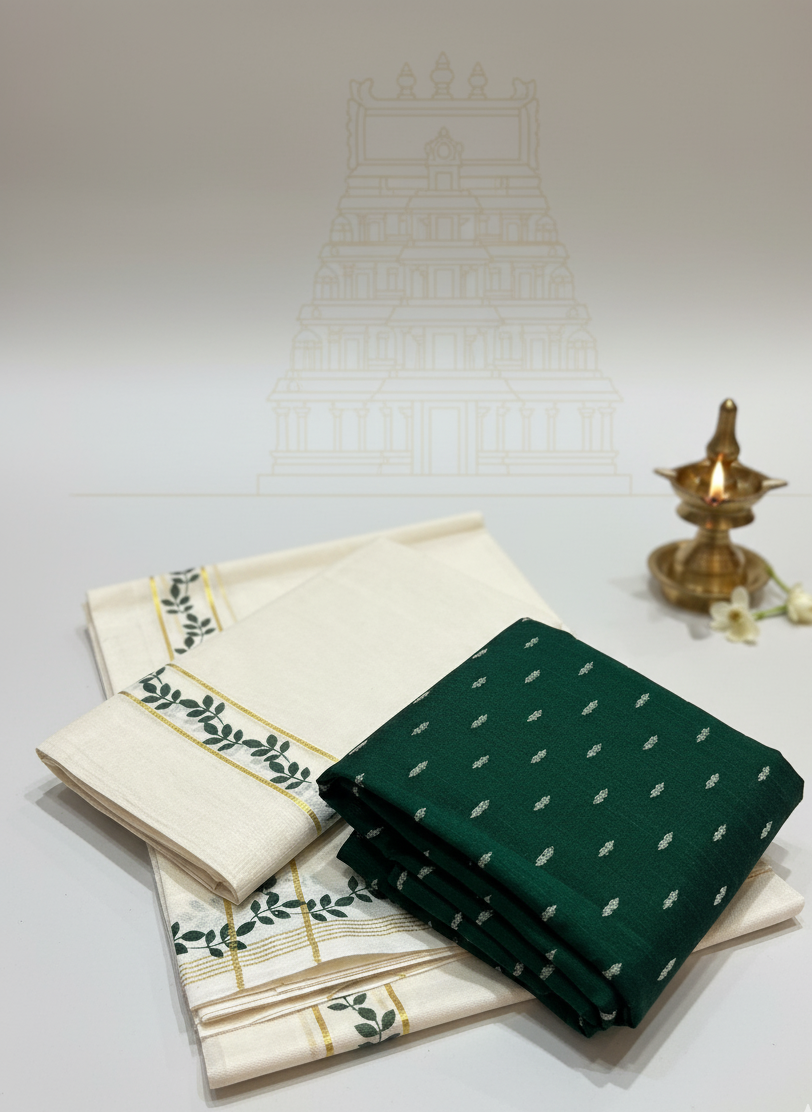 Set Mundu - Ivory Kasavu with Green Vine/Creeper Motif + Deep-Green Buti Blouse
