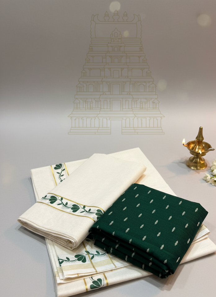 Set Mundu - Ivory Kasavu with Green Botanical Sprig Motif + Deep-Green Buti Blouse